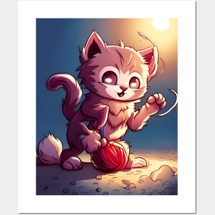 Cute and Friendly Kitty Plays with Ball of Yarn Posters and Art
